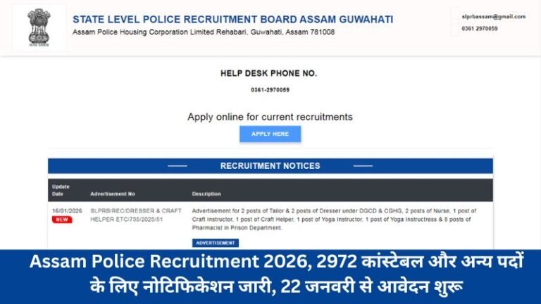 Assam Police Recruitment 2026, 2972 कांस्टेबल और अन्य पदों के लिए नोटिफिकेशन जारी, 22 जनवरी से आवेदन शुरू
