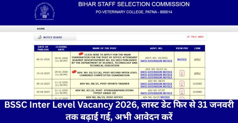BSSC Inter Level Vacancy 2026, लास्ट डेट फिर से 31 जनवरी तक बढ़ाई गई, अभी आवेदन करें