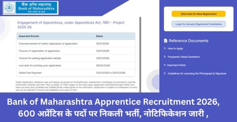 Bank of Maharashtra Apprentice Recruitment 2026, 600 अप्रेंटिस के पदों पर निकली भर्ती, नोटिफिकेशन जारी ,
