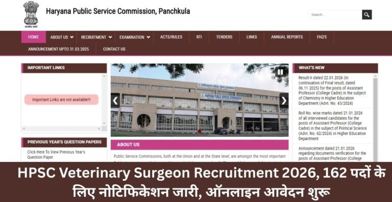HPSC Veterinary Surgeon Recruitment 2026, 162 पदों के लिए नोटिफिकेशन जारी, ऑनलाइन आवेदन शुरू