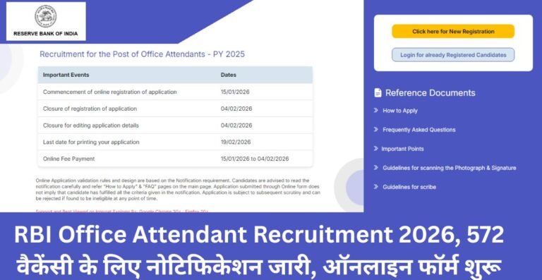 RBI Office Attendant Recruitment 2026, 572 वैकेंसी के लिए नोटिफिकेशन जारी, ऑनलाइन फॉर्म शुरू
